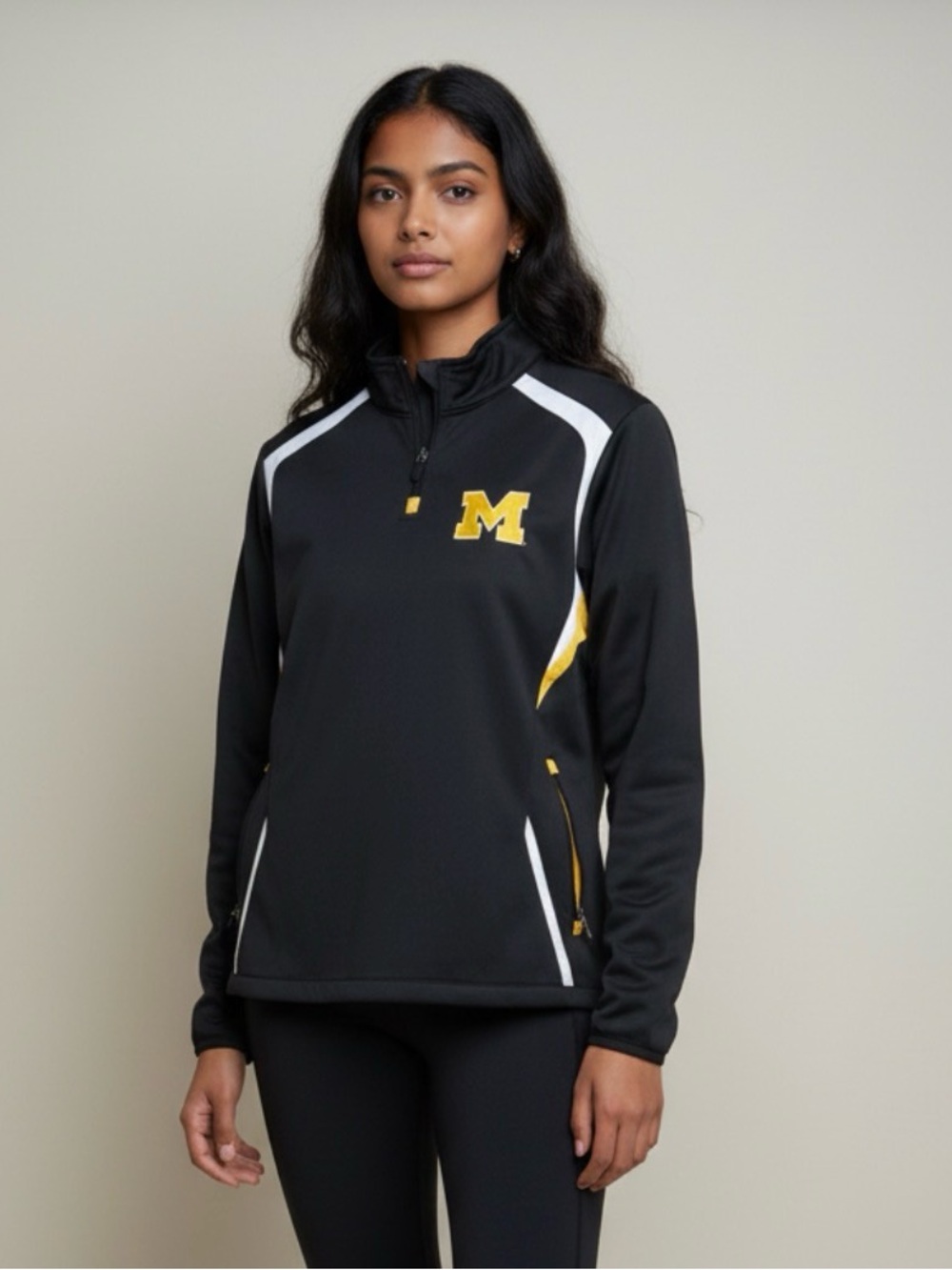 Michigan Women’s 1/4 Zip Sweatshirt Black Gold Pockets Athletic Apparel Logo